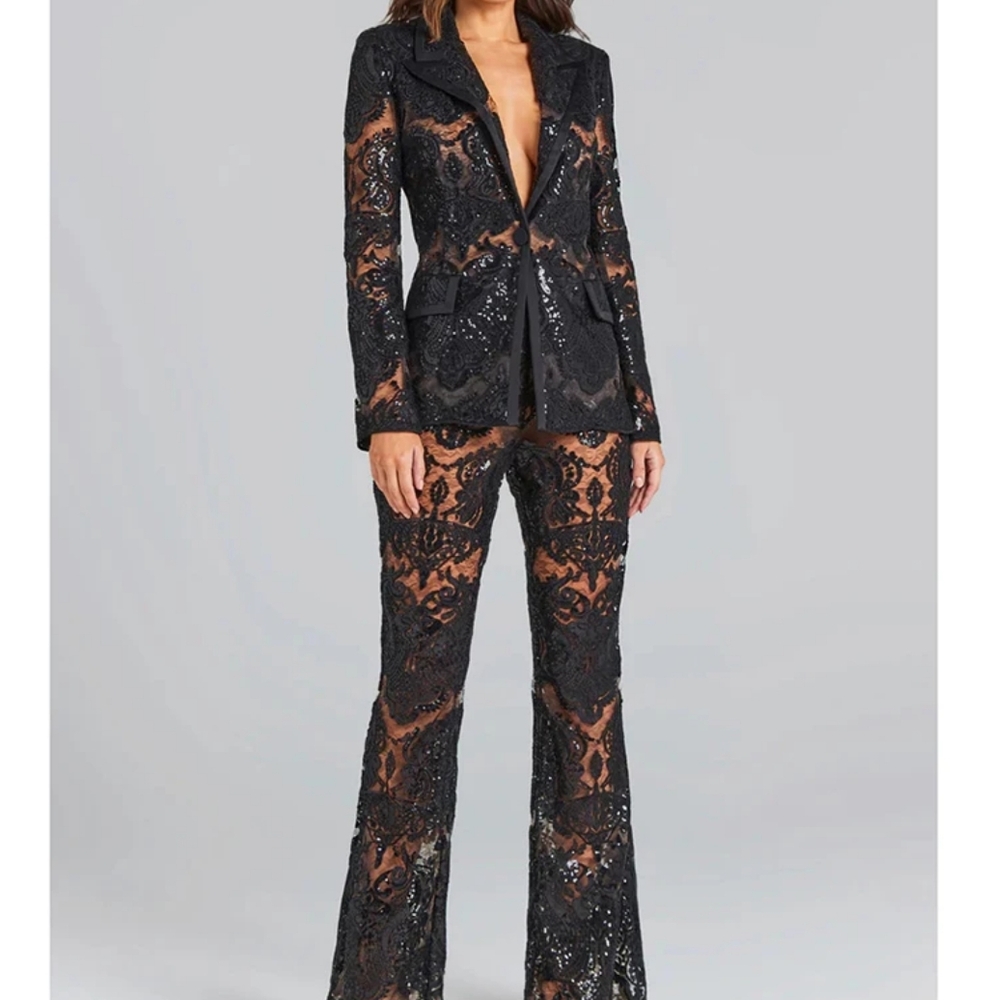 Designer Runway Suit Set Women's Single Button Guipure Lace Blazer Flare Pants